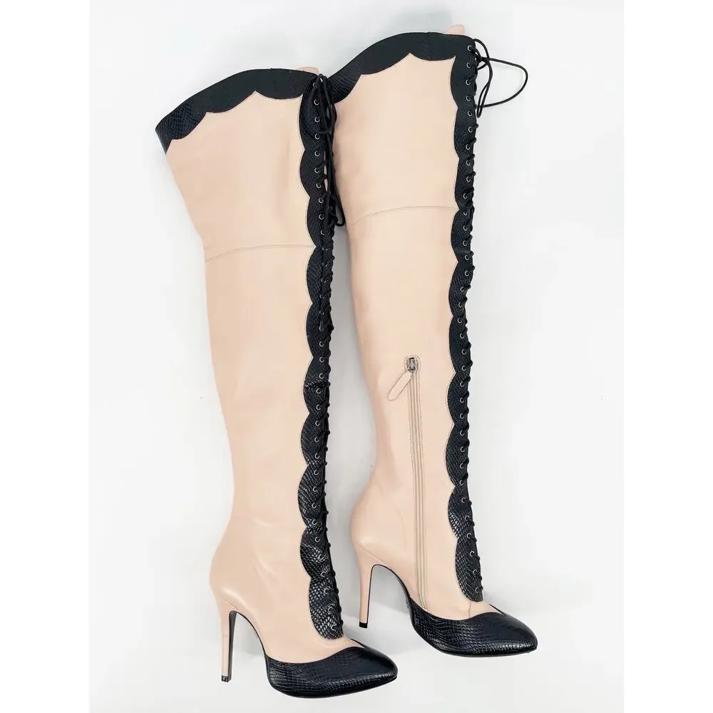 Gucci Harriet Light Rose Black Leather Lace Up Over The Knee Heeled Boots EU 38